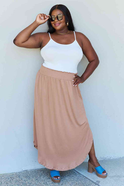 Doublju Comfort Princess Full Size High Waist Scoop Hem Maxi Skirt in Tan-Trendsi-SatinBoutique