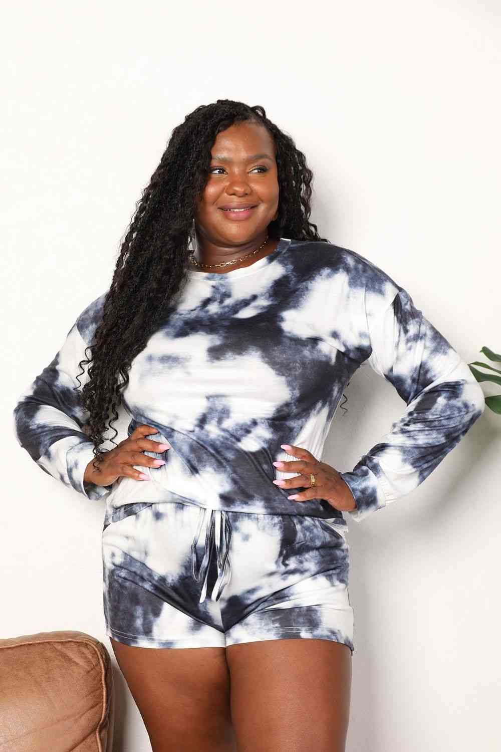 Double Take Tie-Dye Round Neck Top and Shorts Lounge Set, Also Plus sizes-Trendsi-Charcoal-XL-SatinBoutique