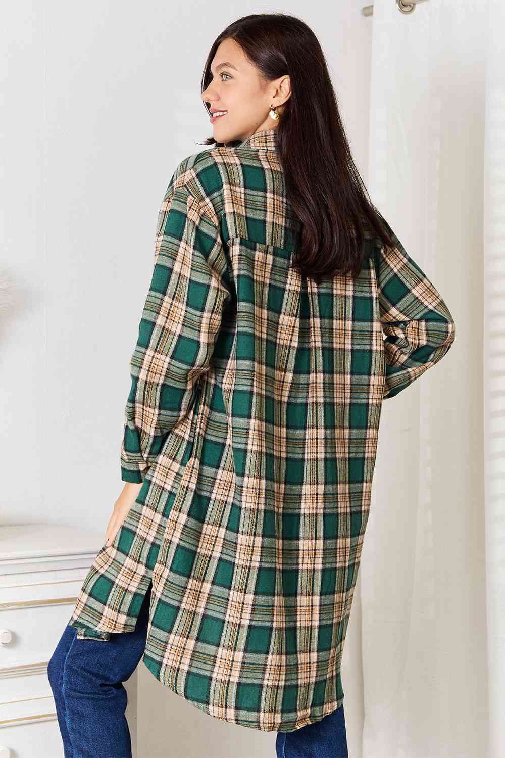 Double Take Plaid Collared Neck Long Sleeve Shirt-Trendsi-SatinBoutique