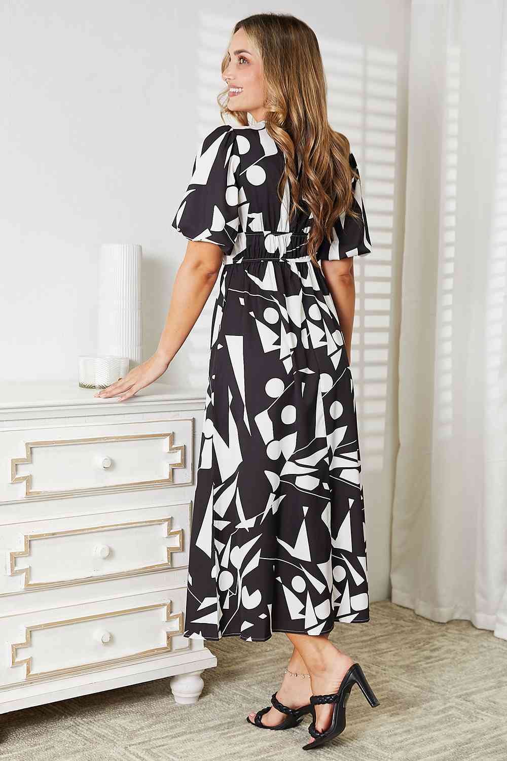 Double Take Printed Surplice Balloon Sleeve Dress-Trendsi-SatinBoutique