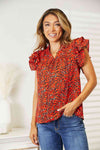 Double Take Floral Flutter Sleeve Notched Neck Blouse-Trendsi-Red Orange-S-SatinBoutique