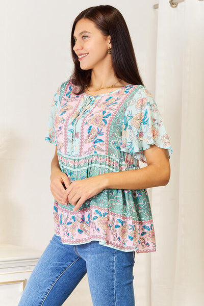 Double Take Floral Tie Neck Short Sleeve Blouse-Trendsi-SatinBoutique