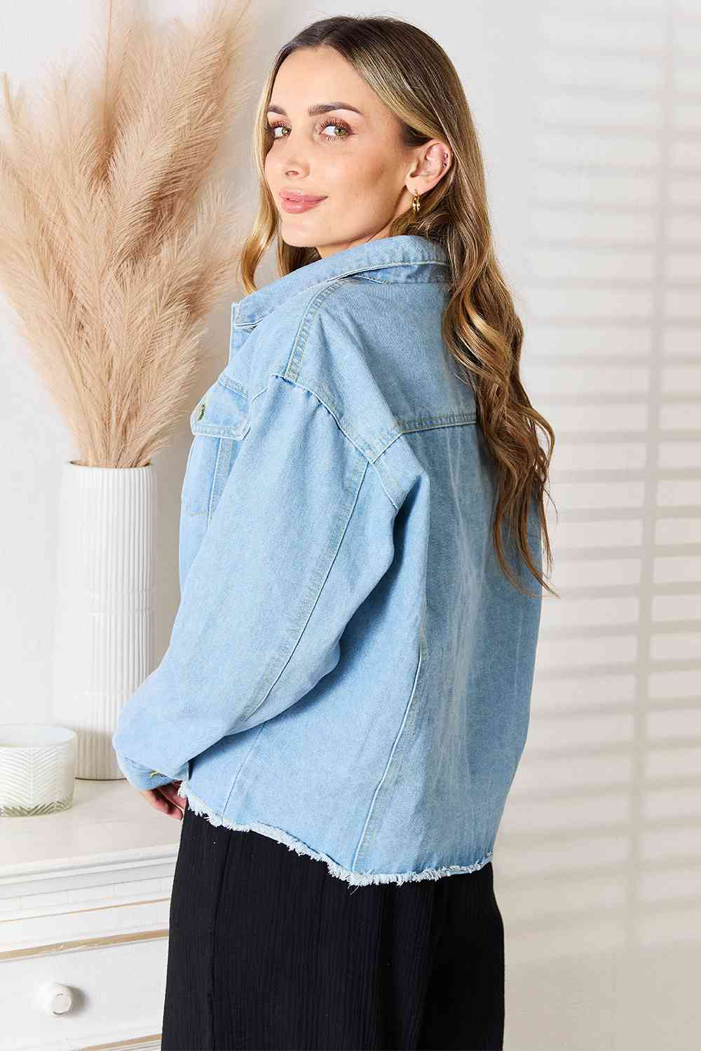 Double Take Dropped Shoulder Raw Hem Denim Jacket-Trendsi-SatinBoutique